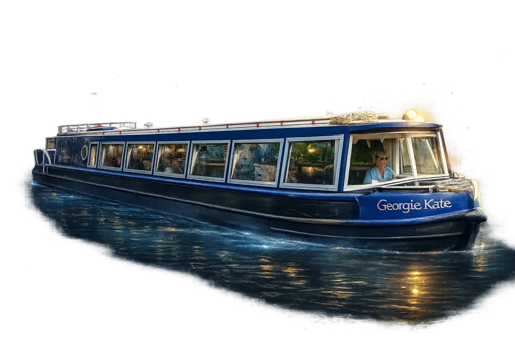 Narrowboat cruising along a UK canal in calm waterway surroundings.