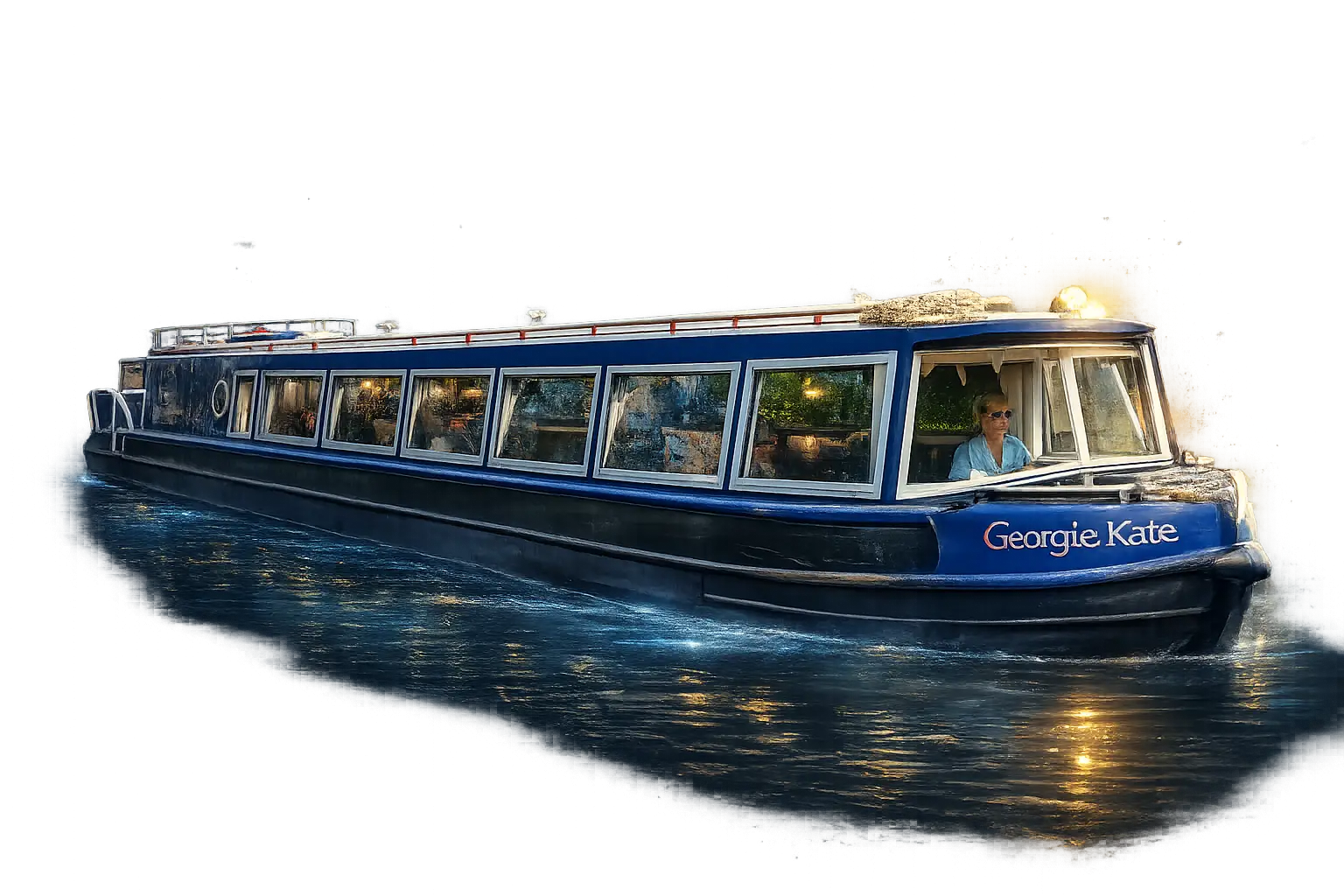 Narrowboat cruising along a UK canal in calm waterway surroundings.